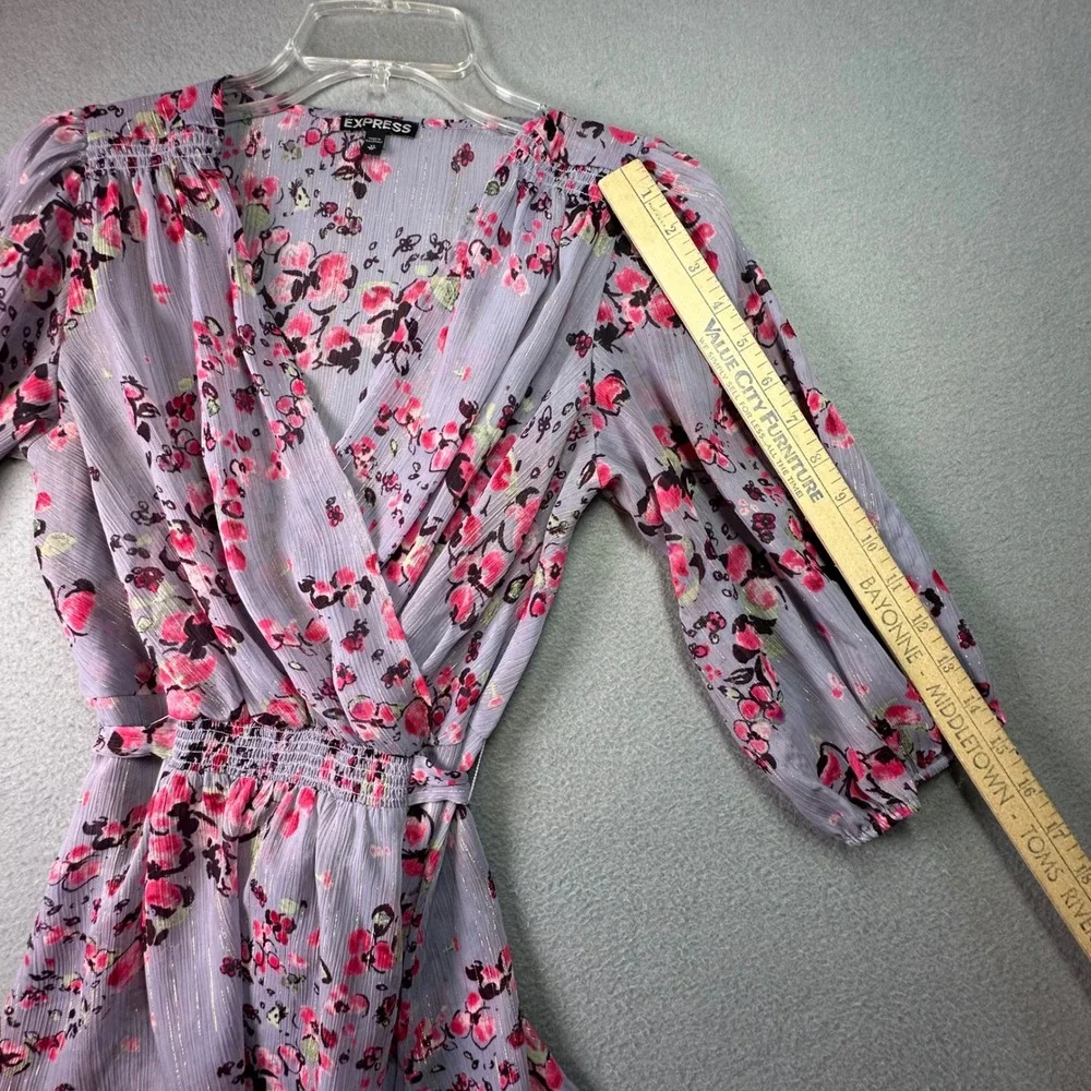 Express Boho Floral Metallic Wrap Blouse Smocked‎ Waist Lavender Romantic XS